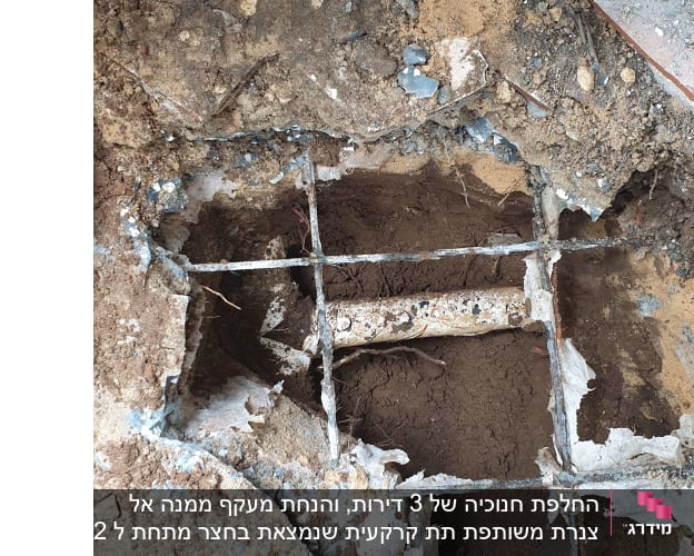 בור באדמה עם צינור חשוף ועפר מסביב